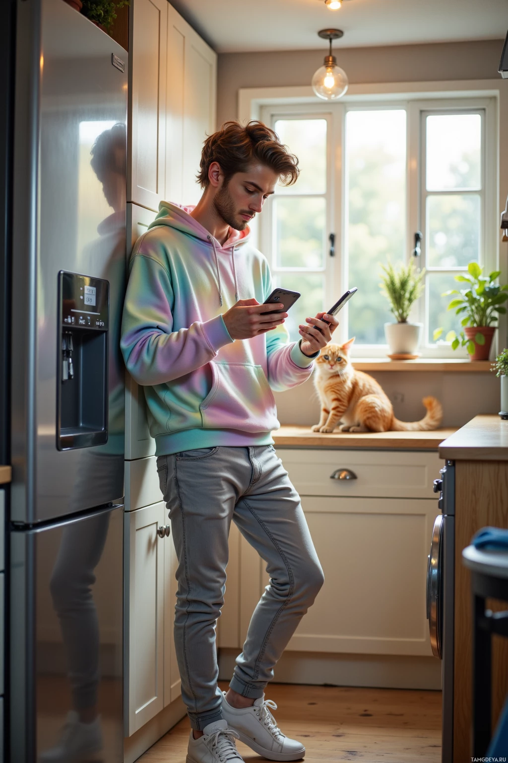 A person in a colorful hoodie stands in a kitchen, looking at their phone, with a cat sitting on the counter nearby.