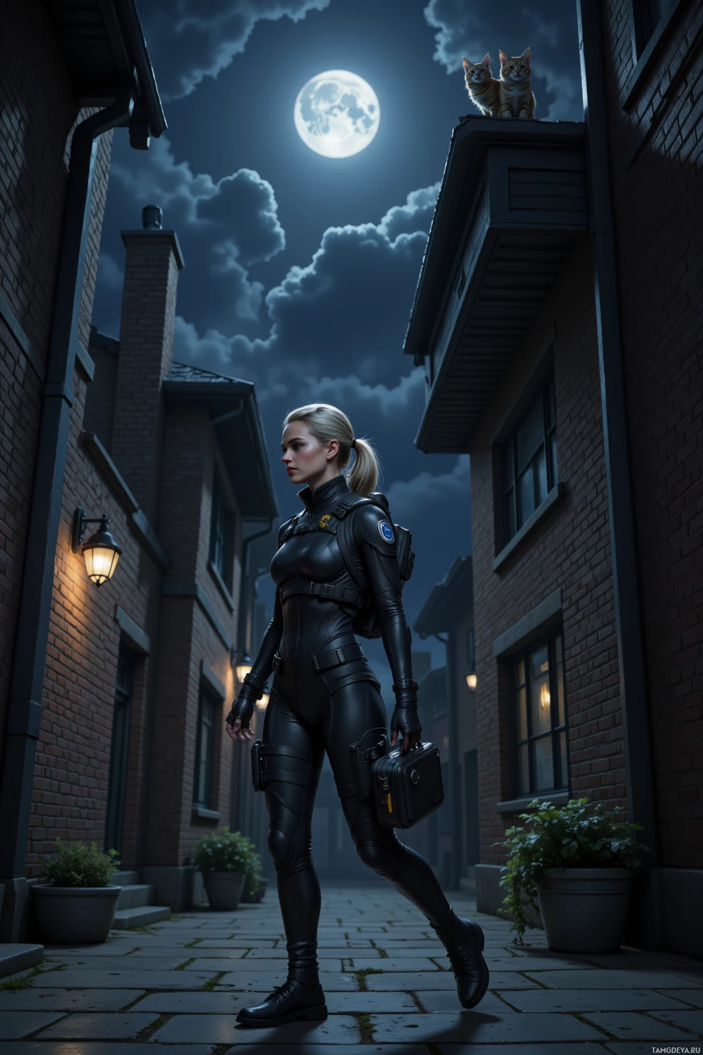 A woman in a black tactical suit stands in a dimly lit alleyway under a full moon, with two cats perched on the roof above.