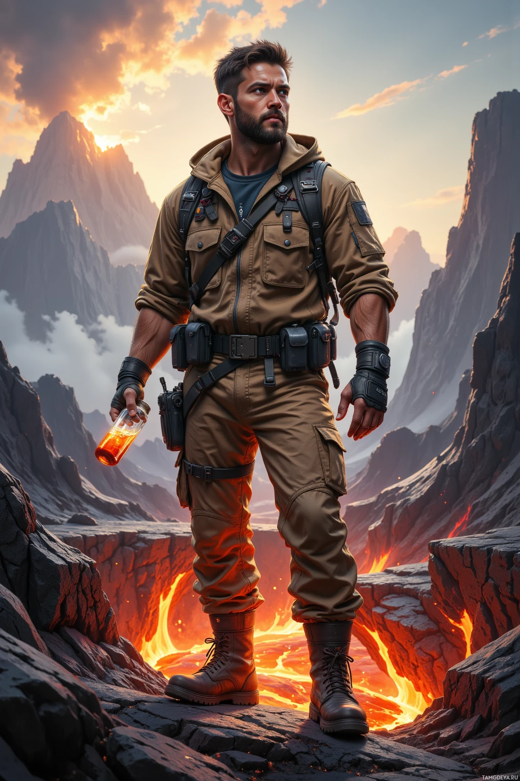 A rugged individual stands on rocky terrain, holding a glowing object, with a dramatic mountainous landscape and fiery glow in the background.