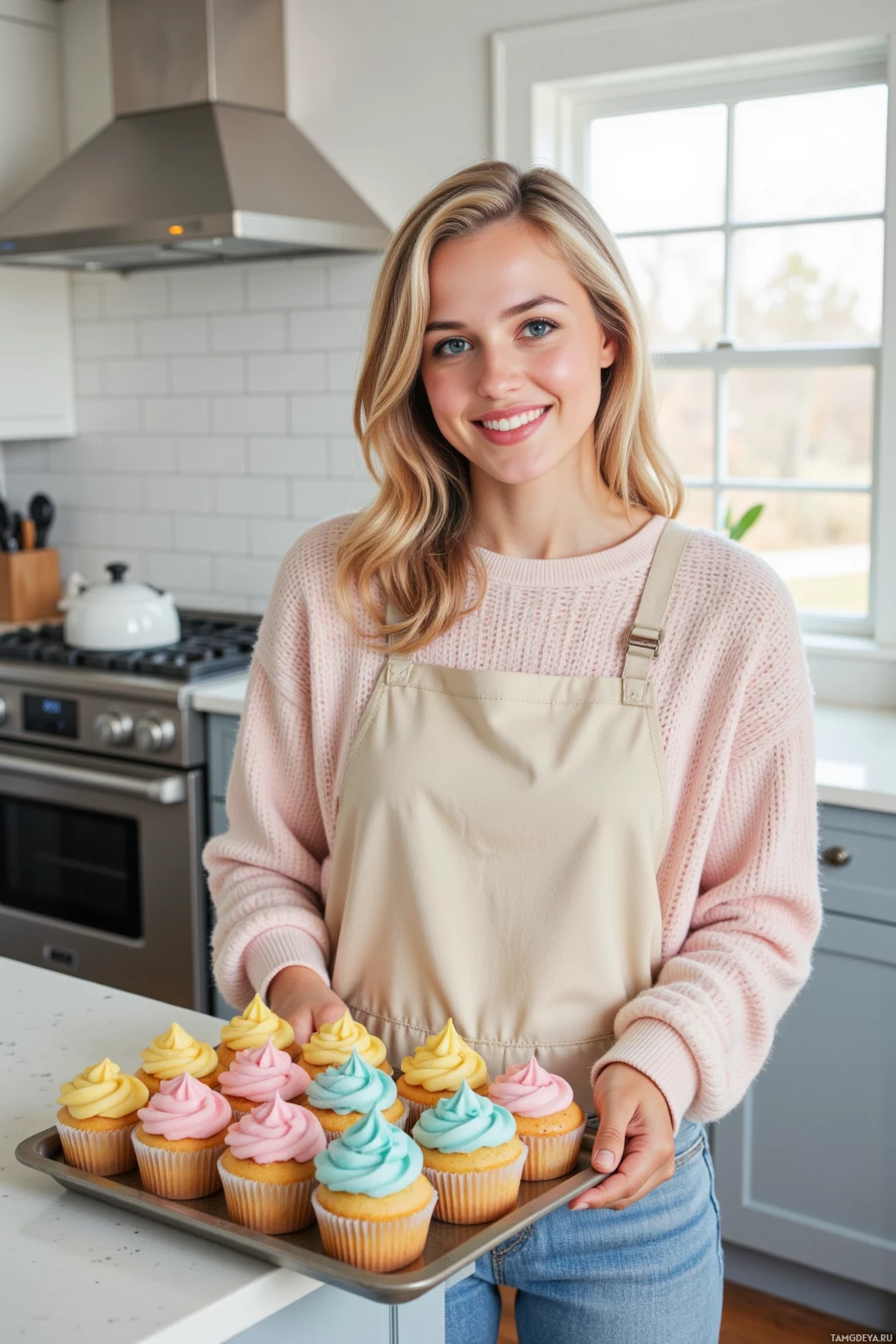 A person in a kitchen holds a tray of colorful frosted cupcakes.