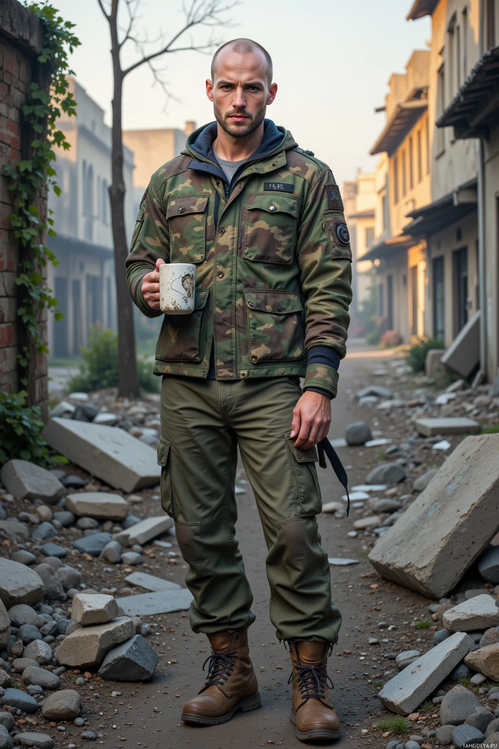 A person in military-style camouflage clothing stands on a debris-strewn path, holding a mug.