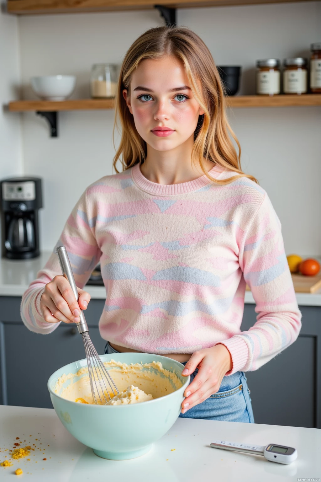 A person in a pastel sweater is mixing ingredients in a bowl with a whisk.