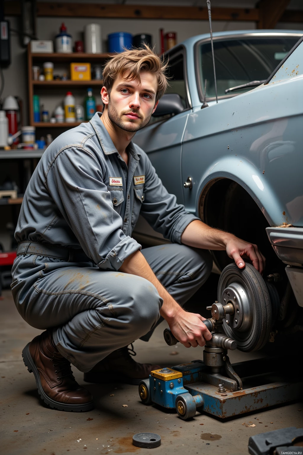 A man in a mechanic's uniform is working on a car in a garage.