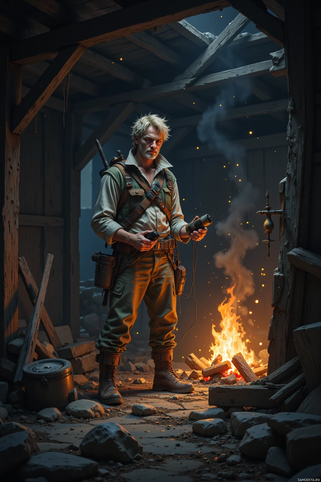 A rugged adventurer stands in a rustic wooden structure, holding a flashlight, with a campfire and scattered stones in the background.