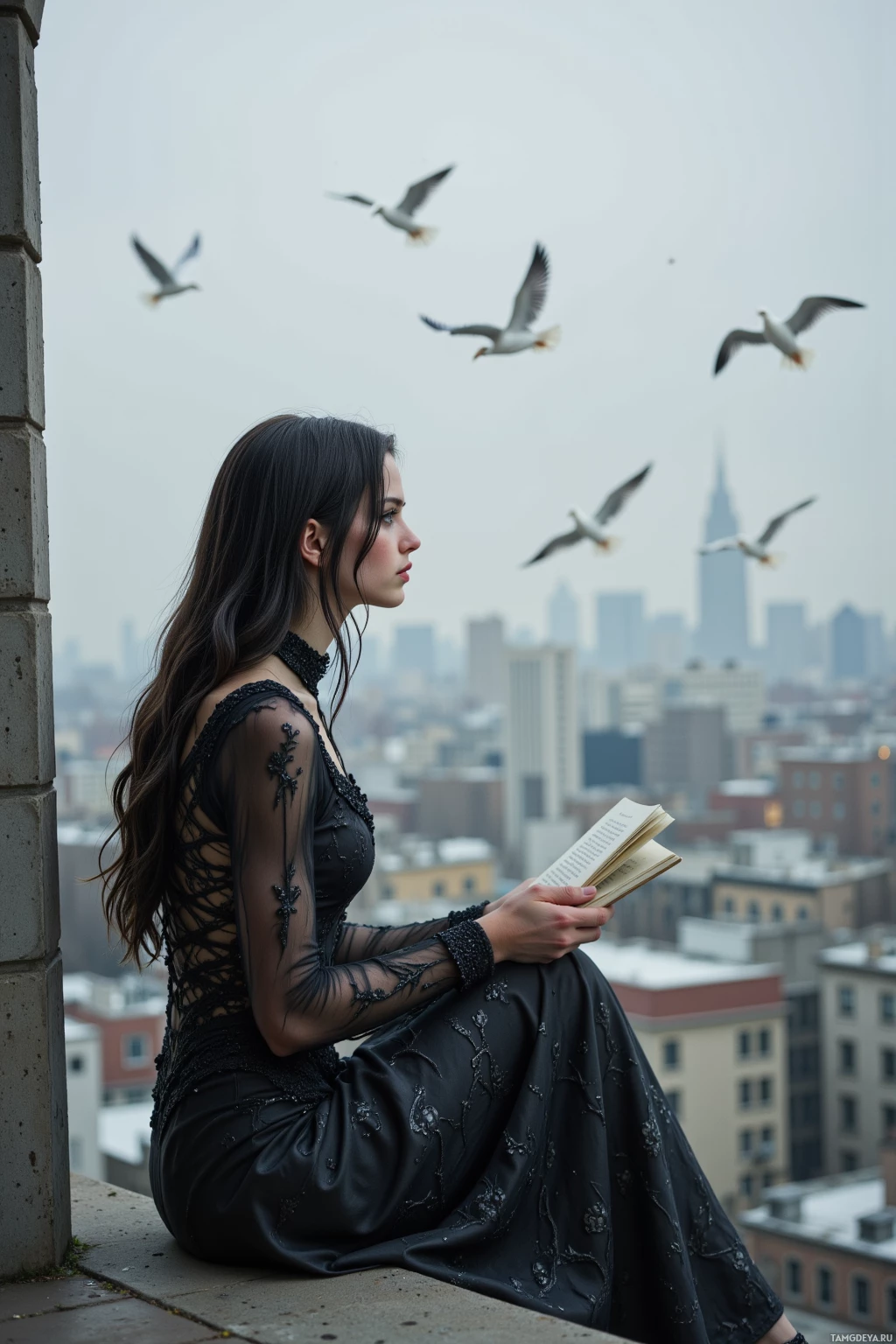 A woman in a black dress sits on a ledge, reading a book, with birds flying and a cityscape in the background.
