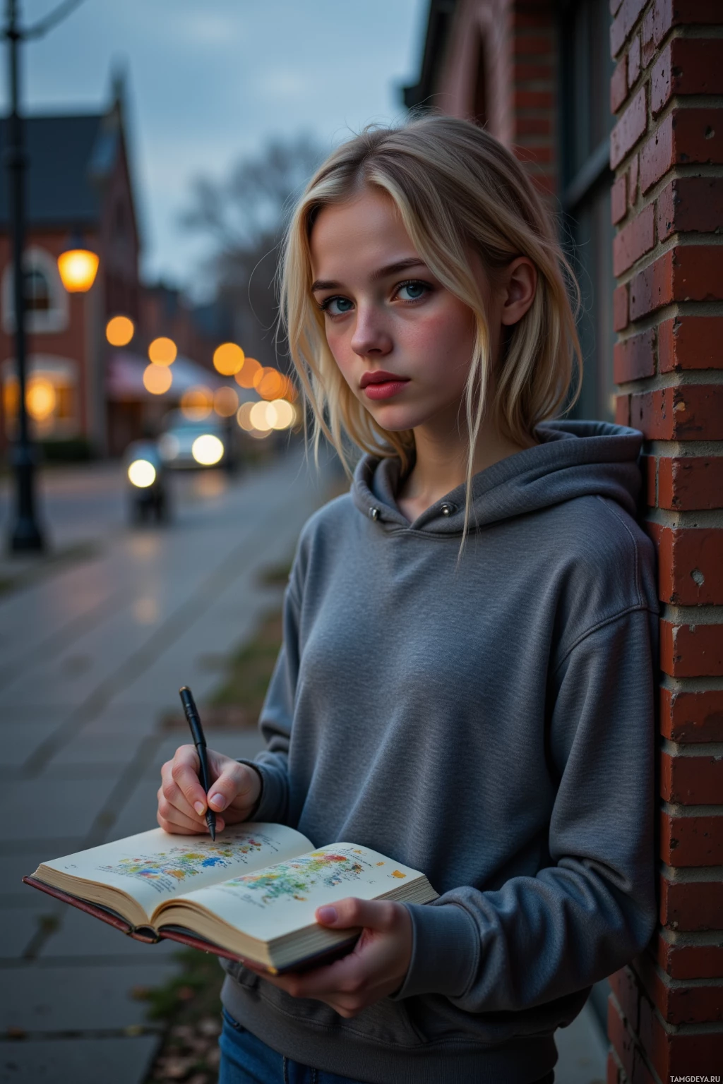 A person in a hoodie leans against a brick wall, holding an open book and a pen.