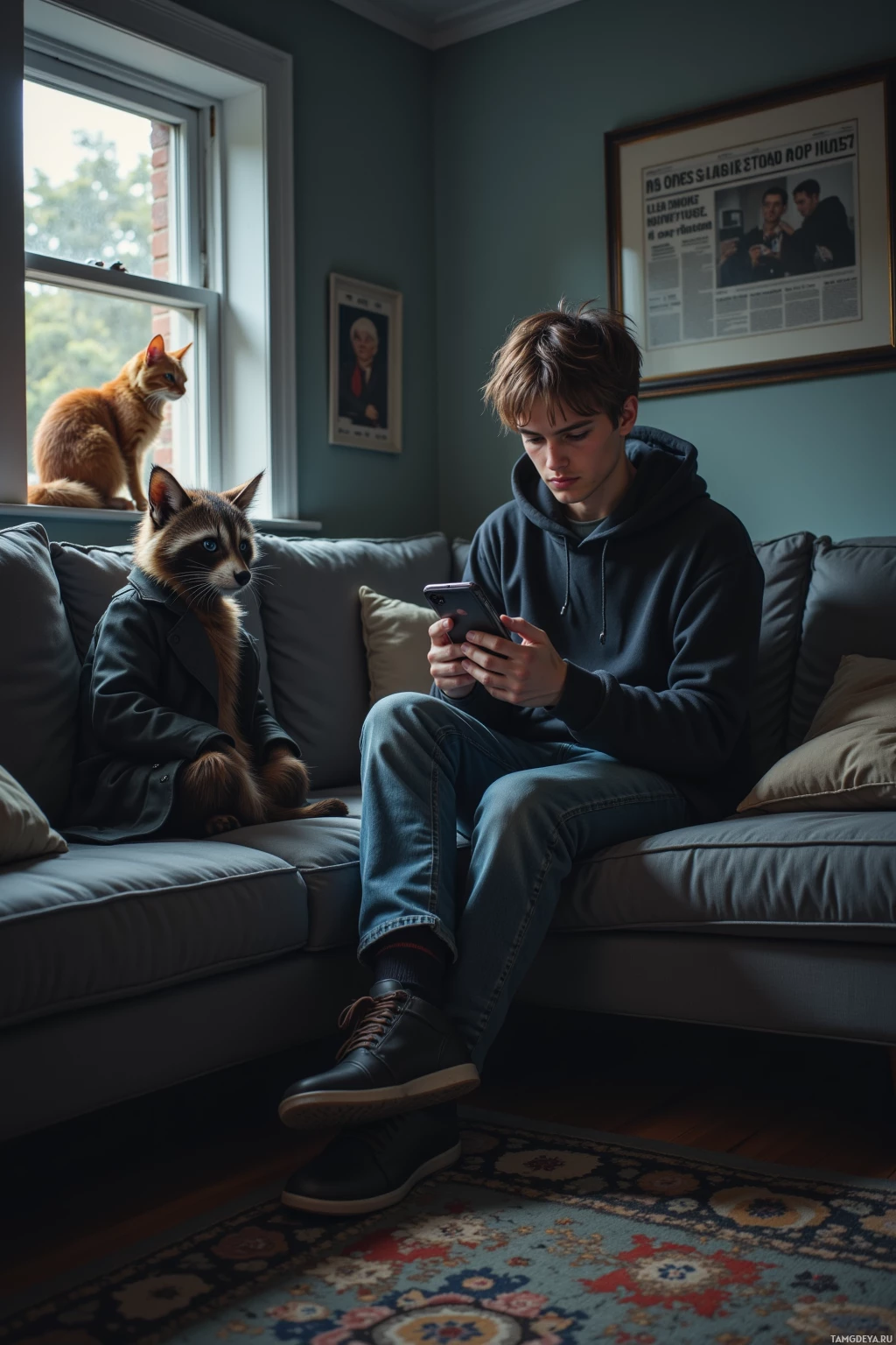 A person sits on a couch, looking at a phone, with a cat perched on the windowsill.