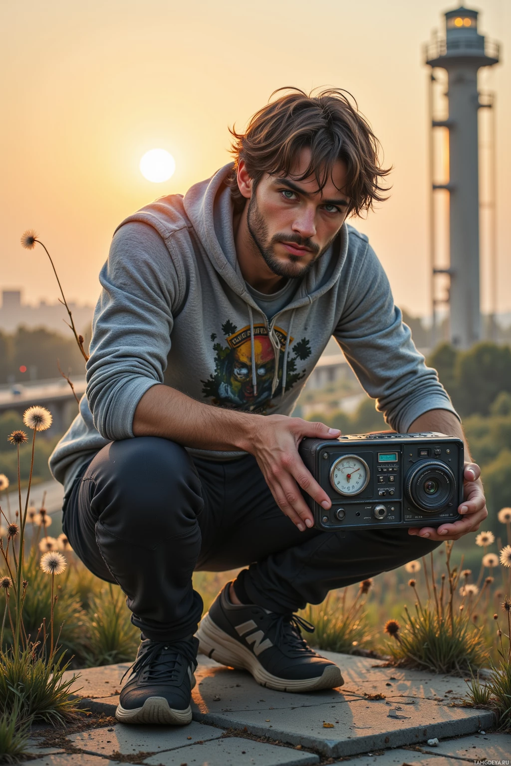 A person crouches outdoors holding a vintage radio, with a sunset and a lighthouse in the background.