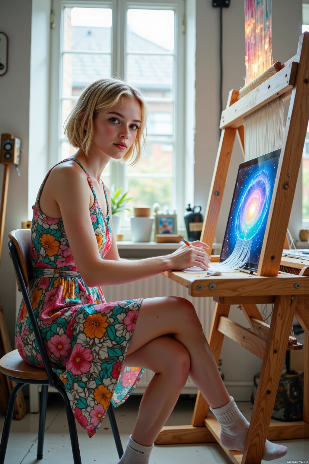 A person in a floral dress sits at a wooden easel, drawing or sketching.