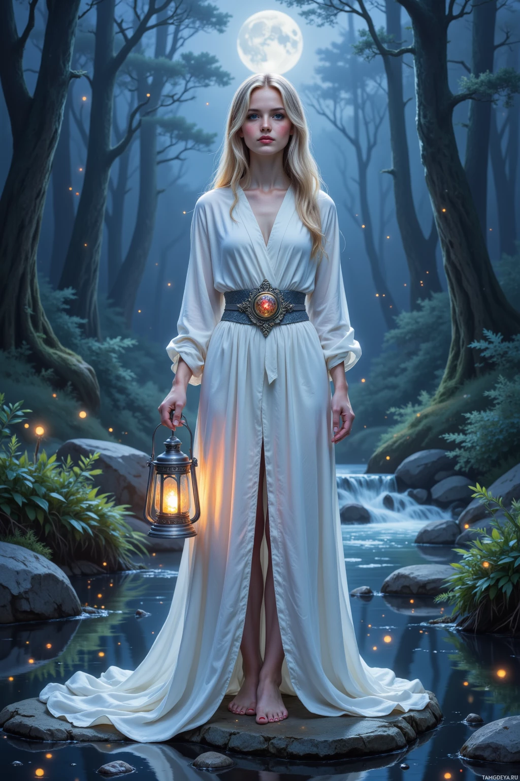 A woman in a flowing white dress stands on a rock by a stream, holding a lantern, with a misty forest and a full moon in the background.