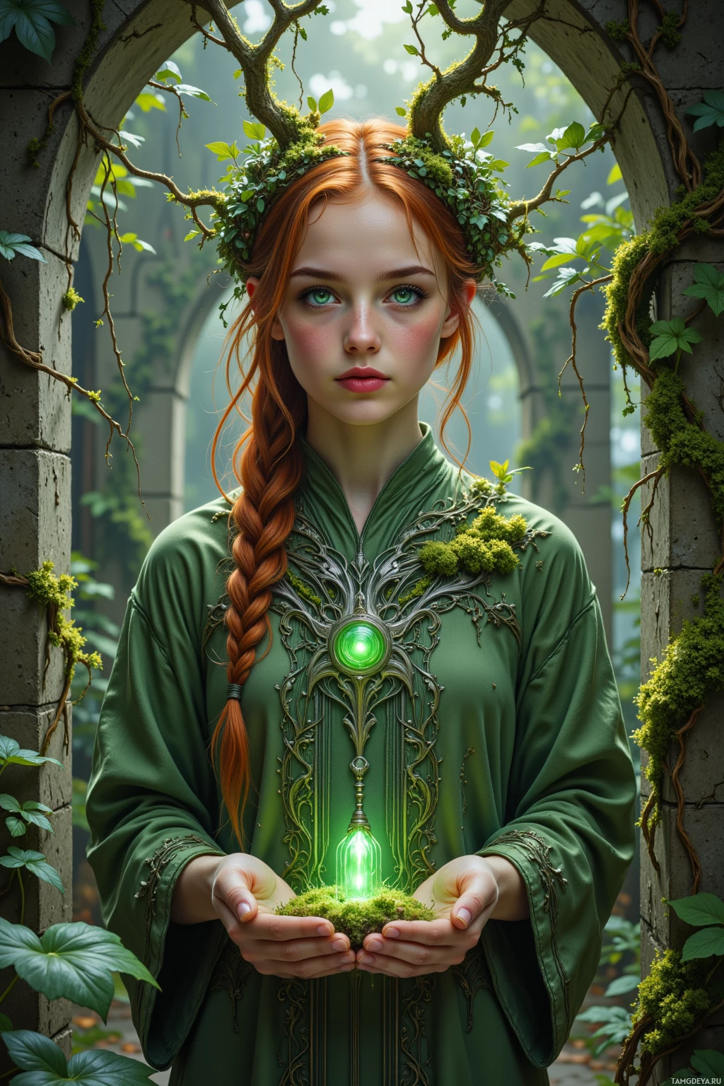 A woman in a green robe holds a glowing orb amidst a lush, vine-covered archway.