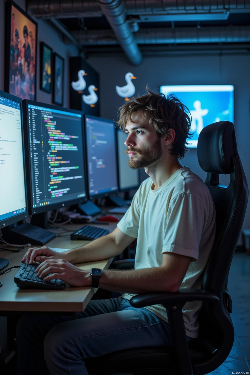 A person is sitting at a desk working on a computer with multiple monitors displaying code.