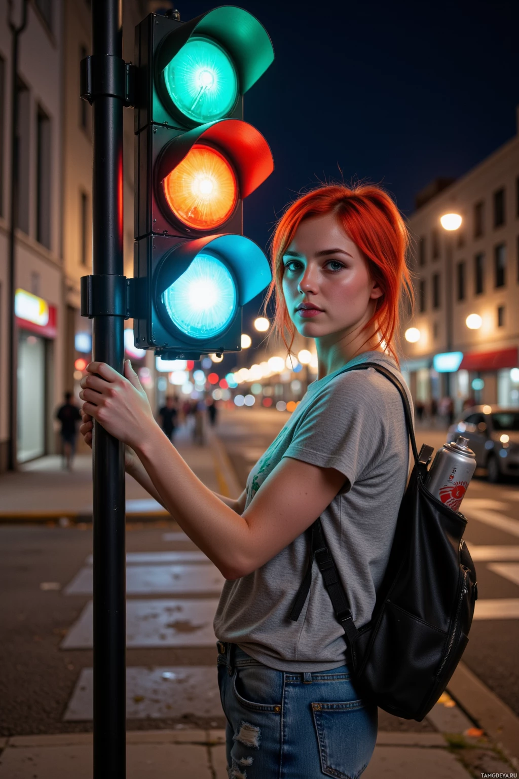 A person stands near a traffic light at night, holding onto the pole.
