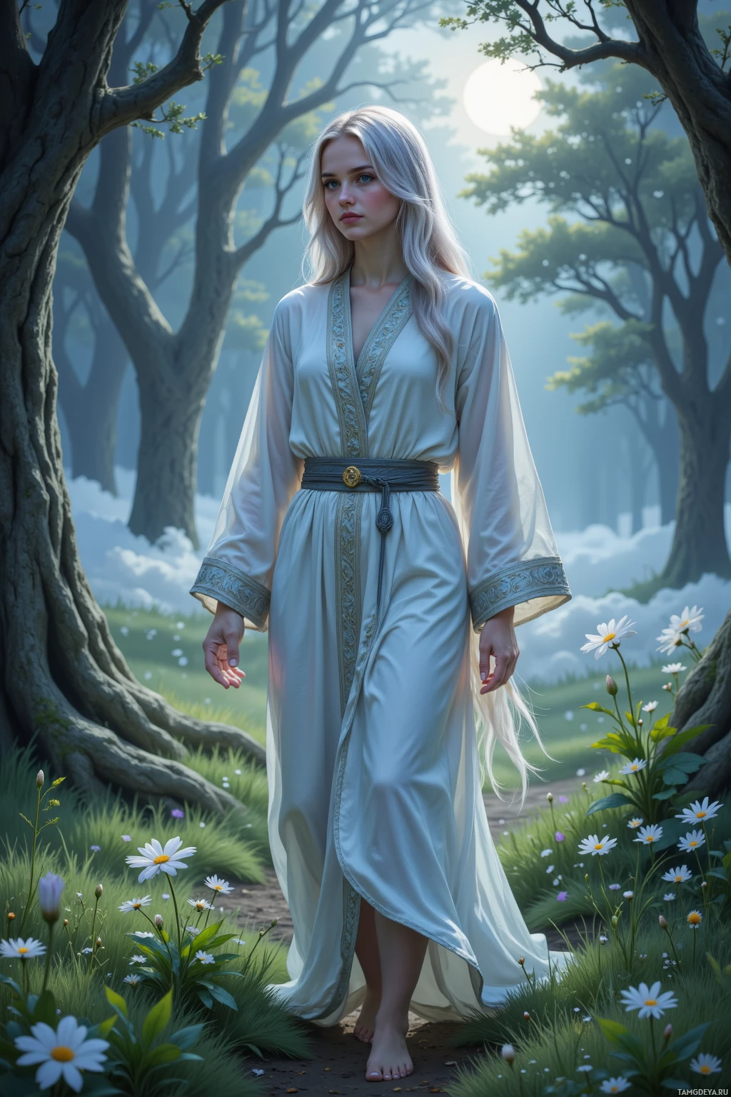 A woman in a flowing white robe stands in a serene forest setting.
