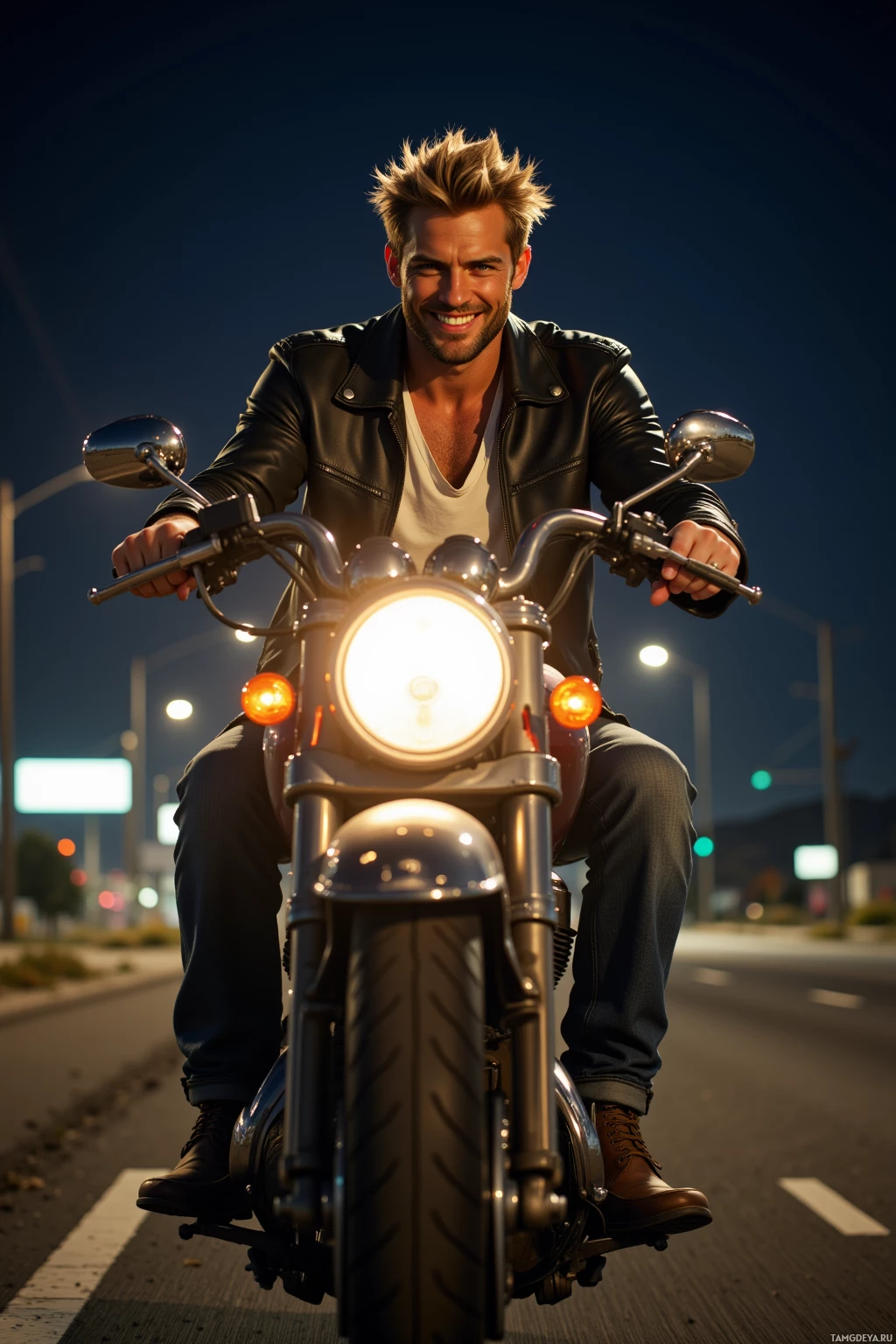 A man rides a motorcycle at night, wearing a leather jacket and smiling.