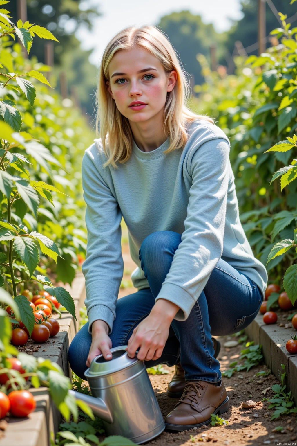 A person crouches in a garden, holding a watering can, surrounded by tomato plants.
