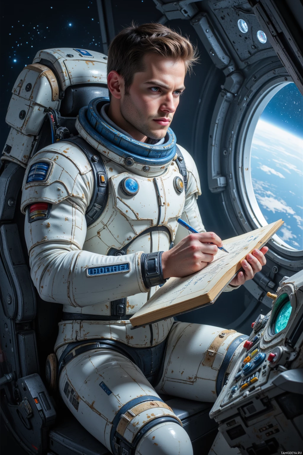A person in a space suit is writing in a notebook inside a spacecraft.