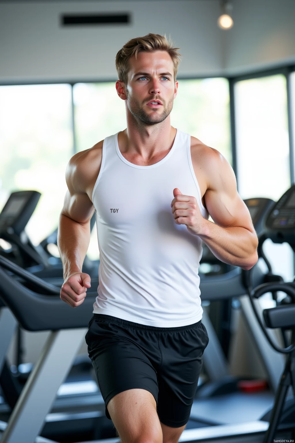 A man is running on a treadmill in a gym.
