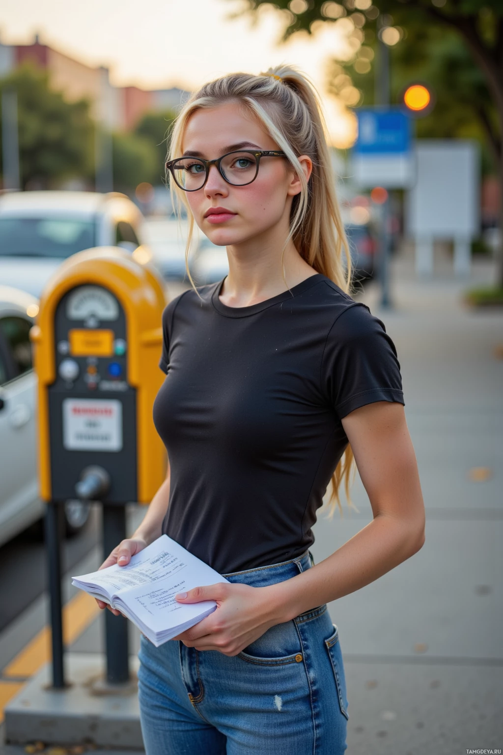A person stands outdoors holding a book, wearing a black top and jeans.