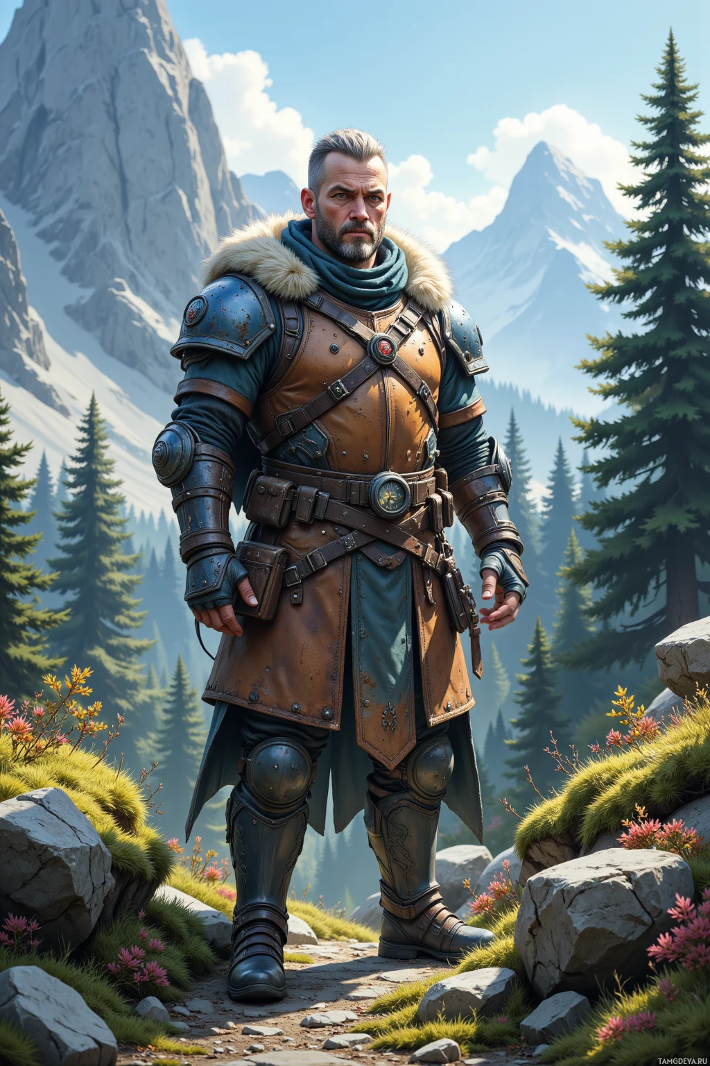 A warrior in detailed armor stands in a mountainous landscape.