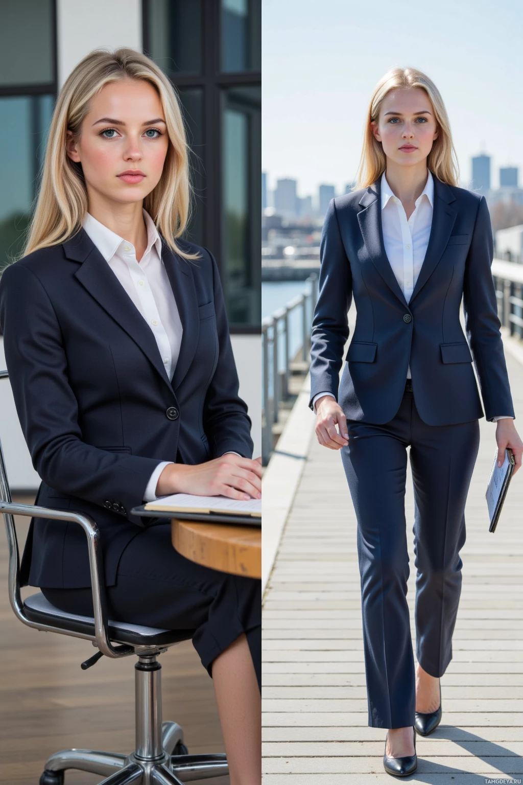 A woman in a professional suit is seated at a desk and walking outdoors.