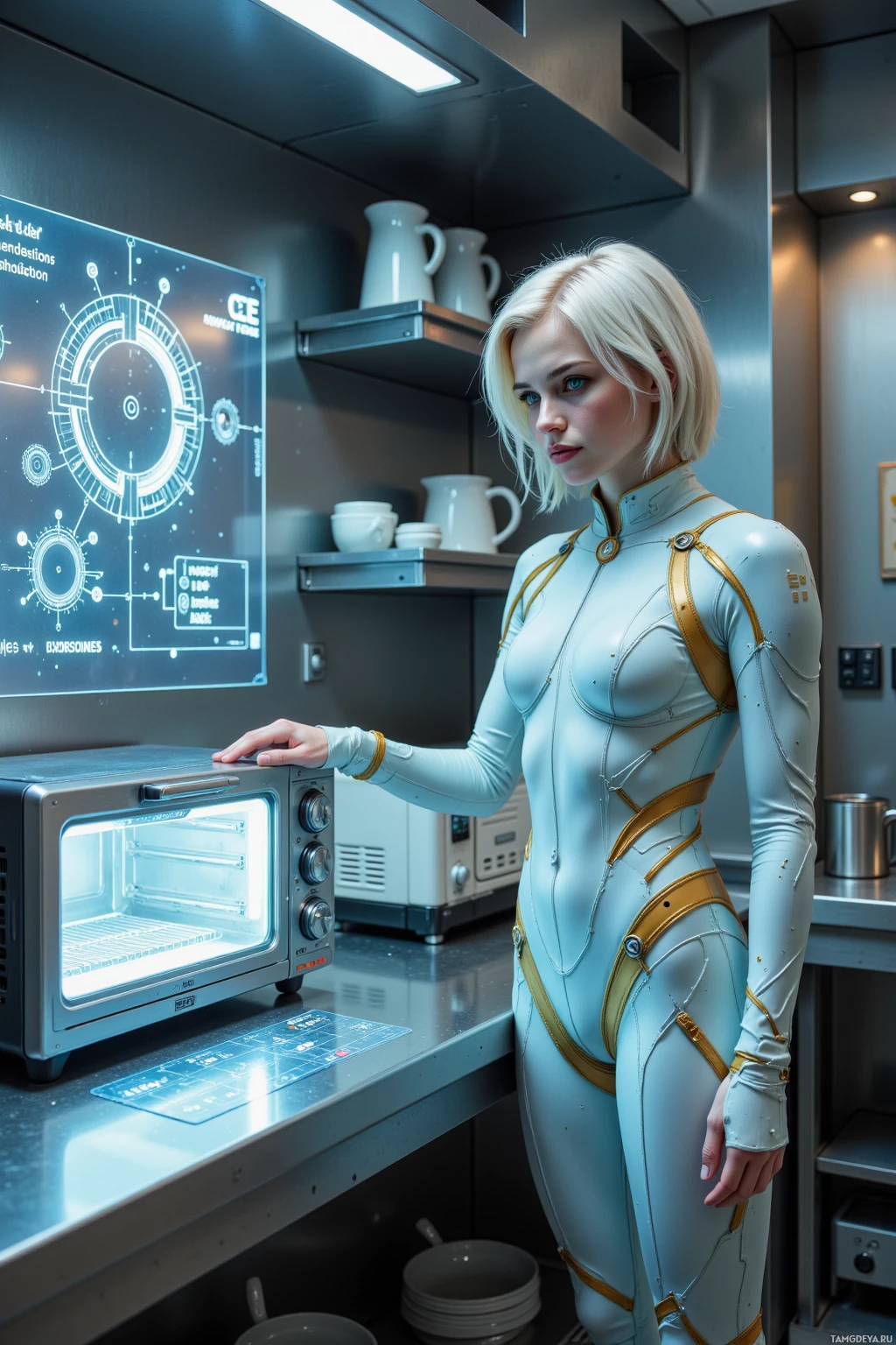 A person in a futuristic outfit stands in a modern kitchen, interacting with a high-tech oven.