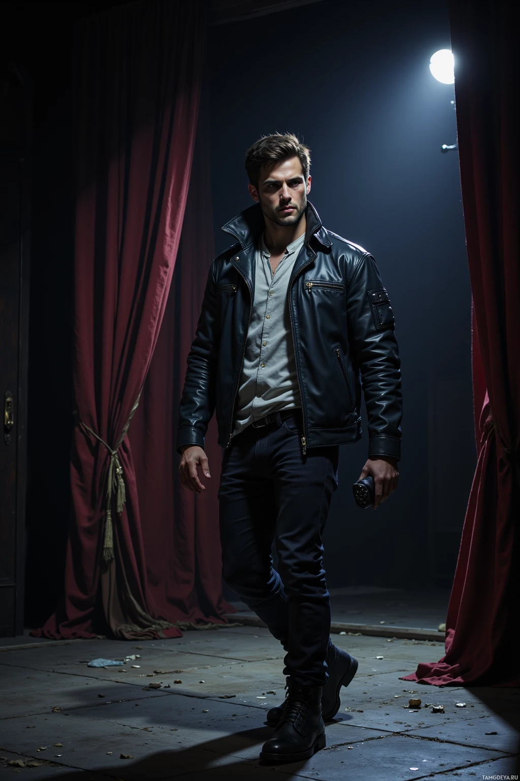 A man in a leather jacket and jeans stands in a dimly lit room with red curtains.