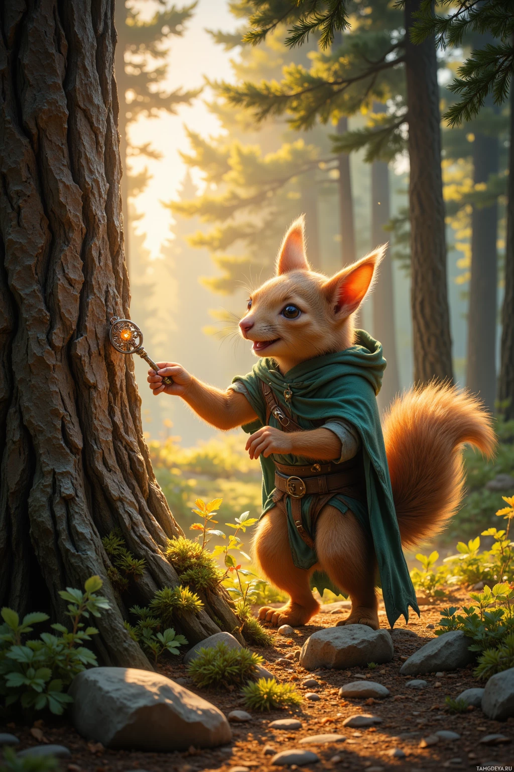 A whimsical forest scene featuring a small anthropomorphic creature in a green cloak, holding a glowing wand.