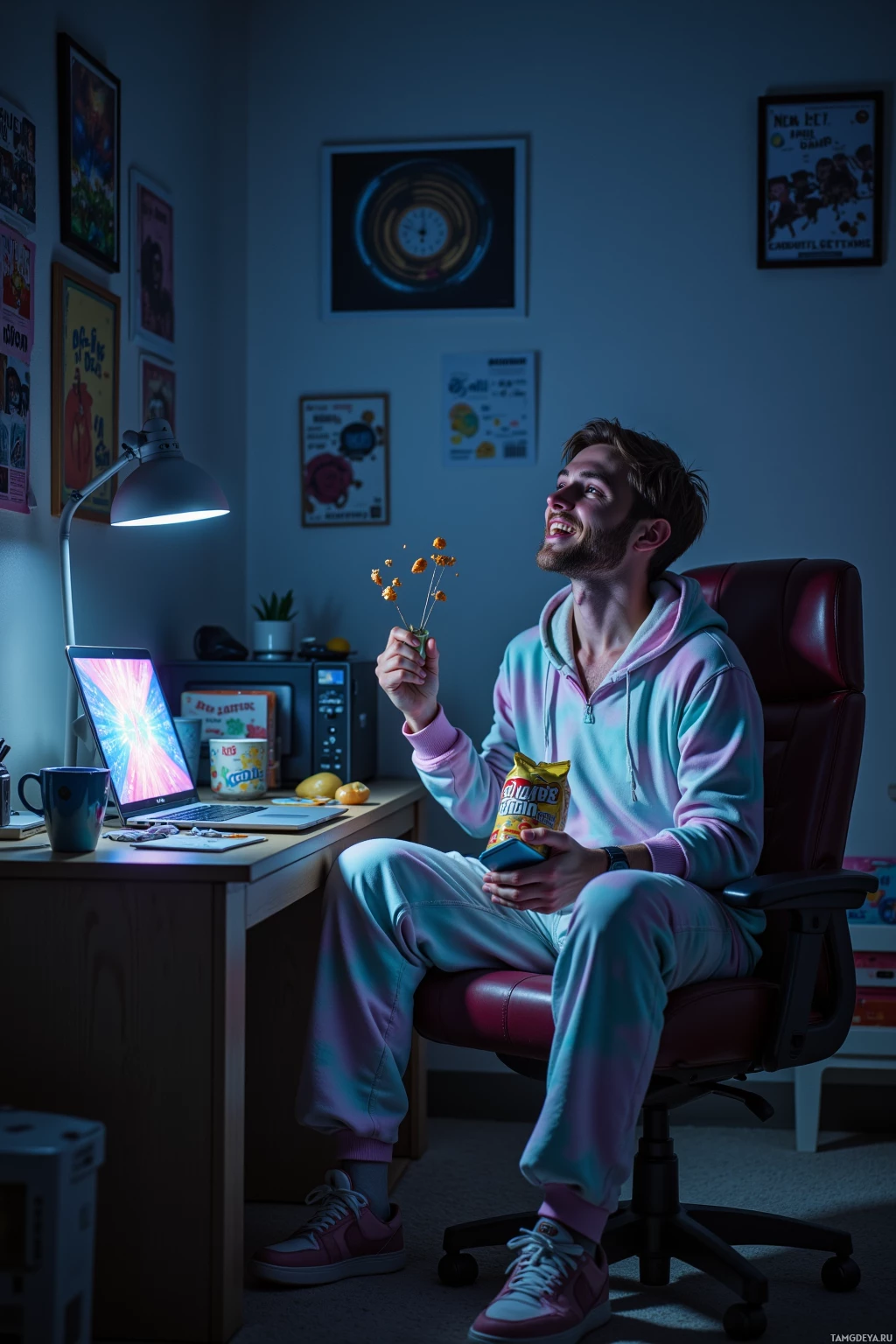 A person sits in a dimly lit room, holding a snack, with a laptop and various items on the desk.