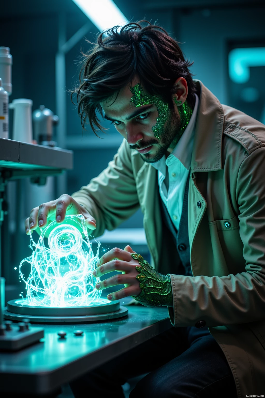 A man in a lab coat examines a glowing, intricate object on a table.