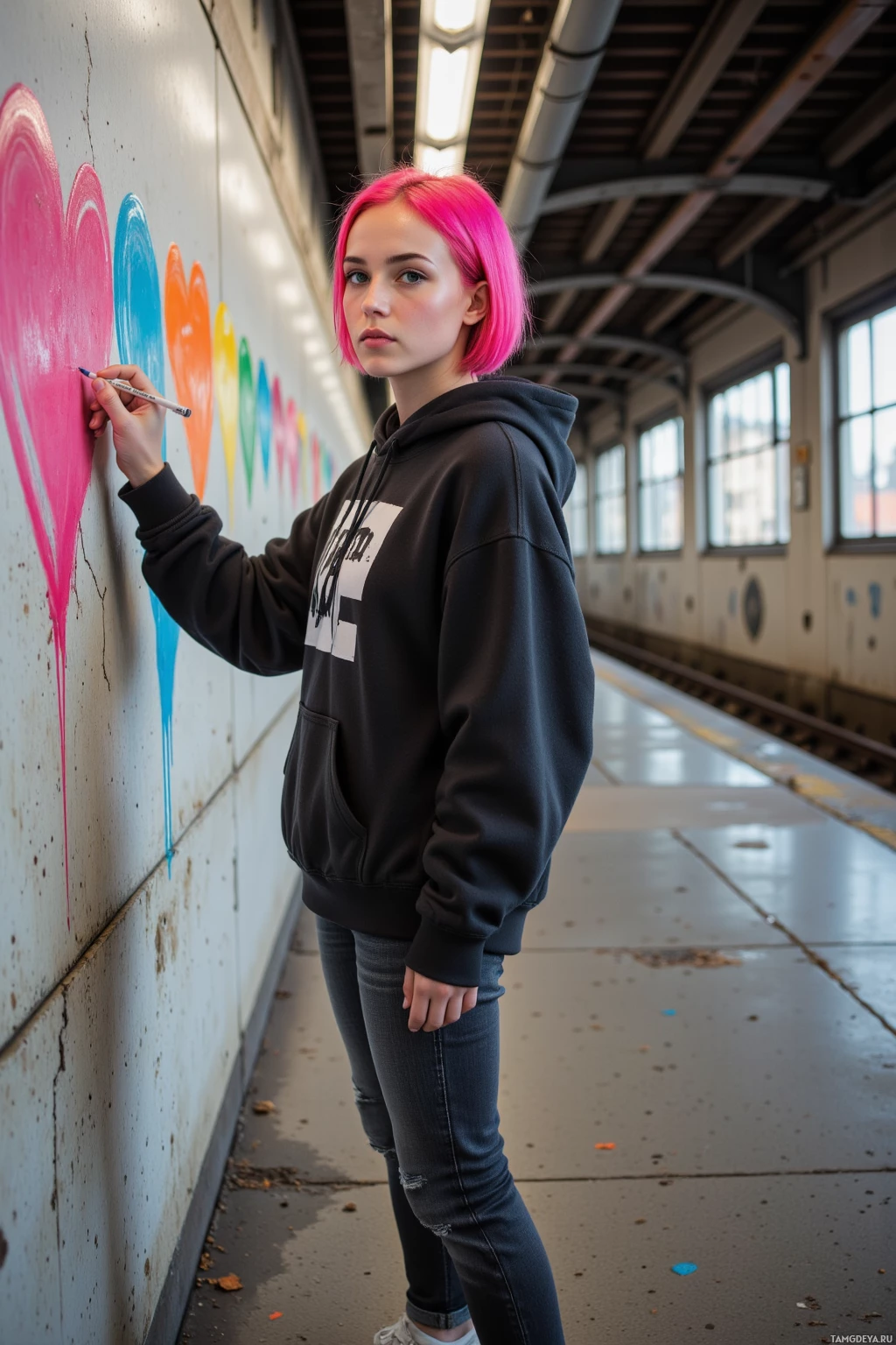 A person with pink hair wearing a black hoodie and jeans is painting a heart on a wall in a train station.