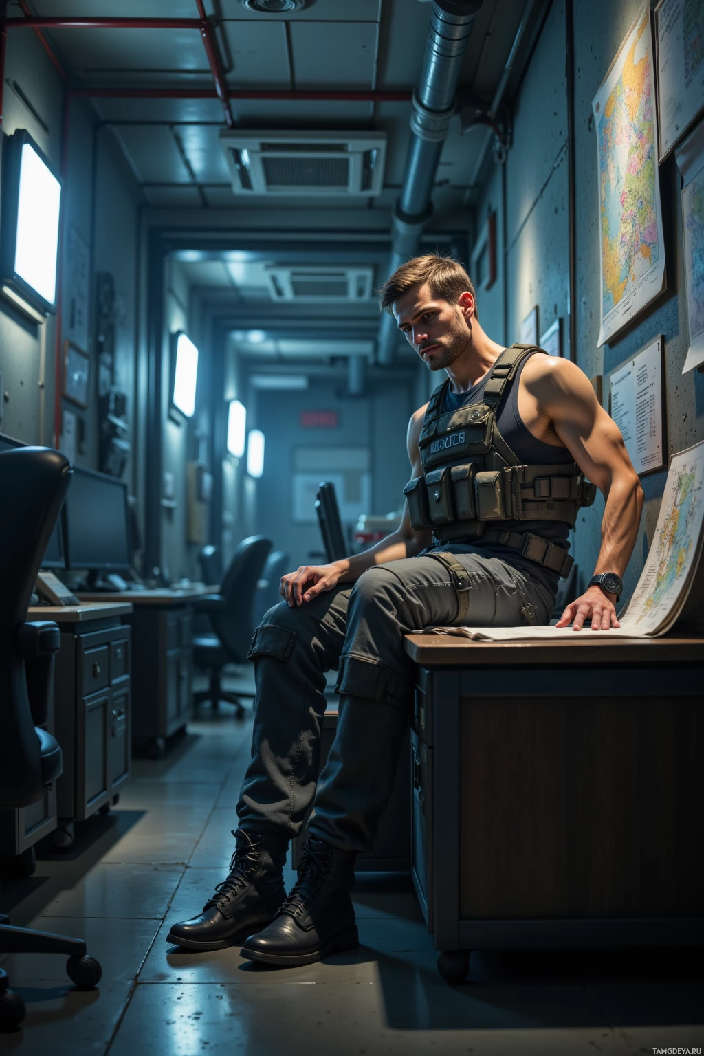 A man in tactical gear sits in a dimly lit office, leaning on a desk with a map.