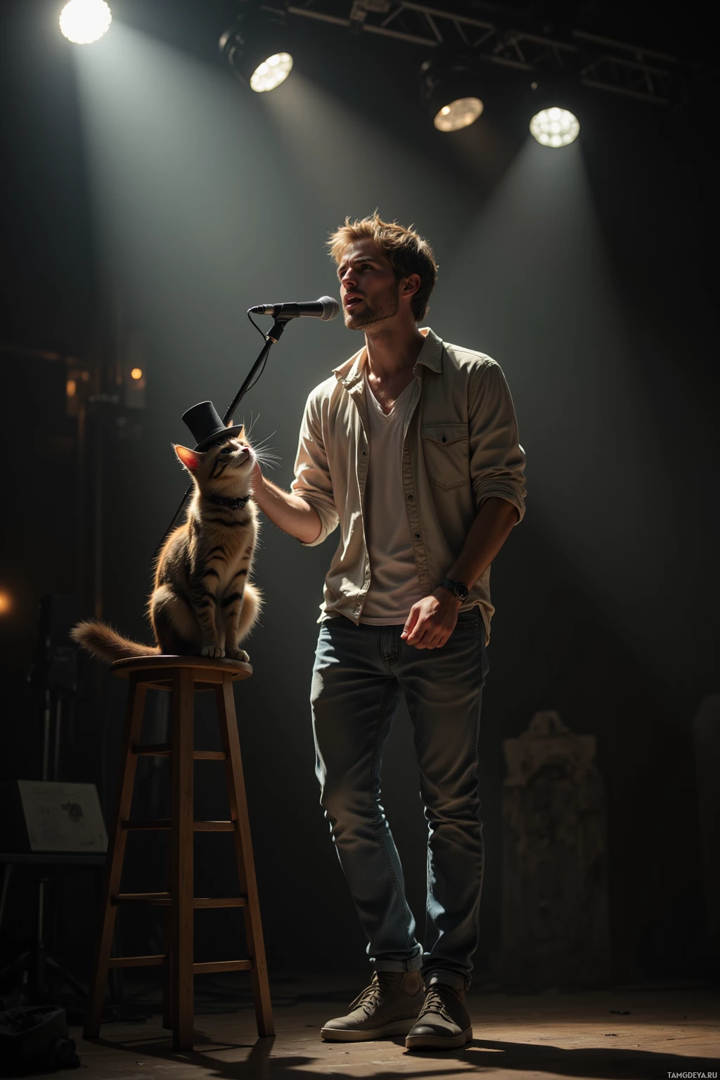 A man stands on stage with a cat wearing a top hat, both illuminated by stage lights.