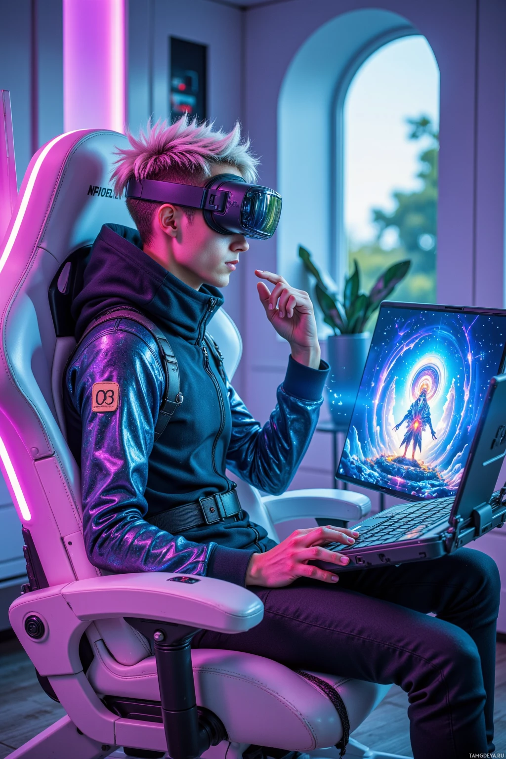 A person wearing a VR headset and a futuristic outfit is seated in a gaming chair, interacting with a laptop displaying a vibrant, cosmic scene.