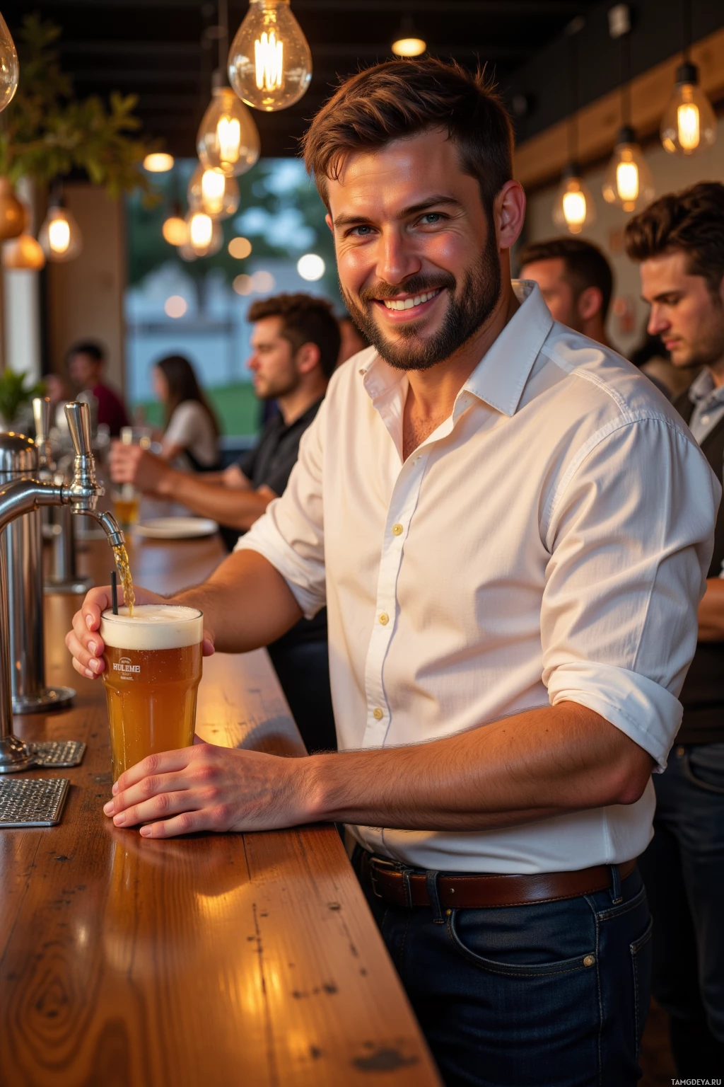 A man in a white shirt pours a beer at a bar.