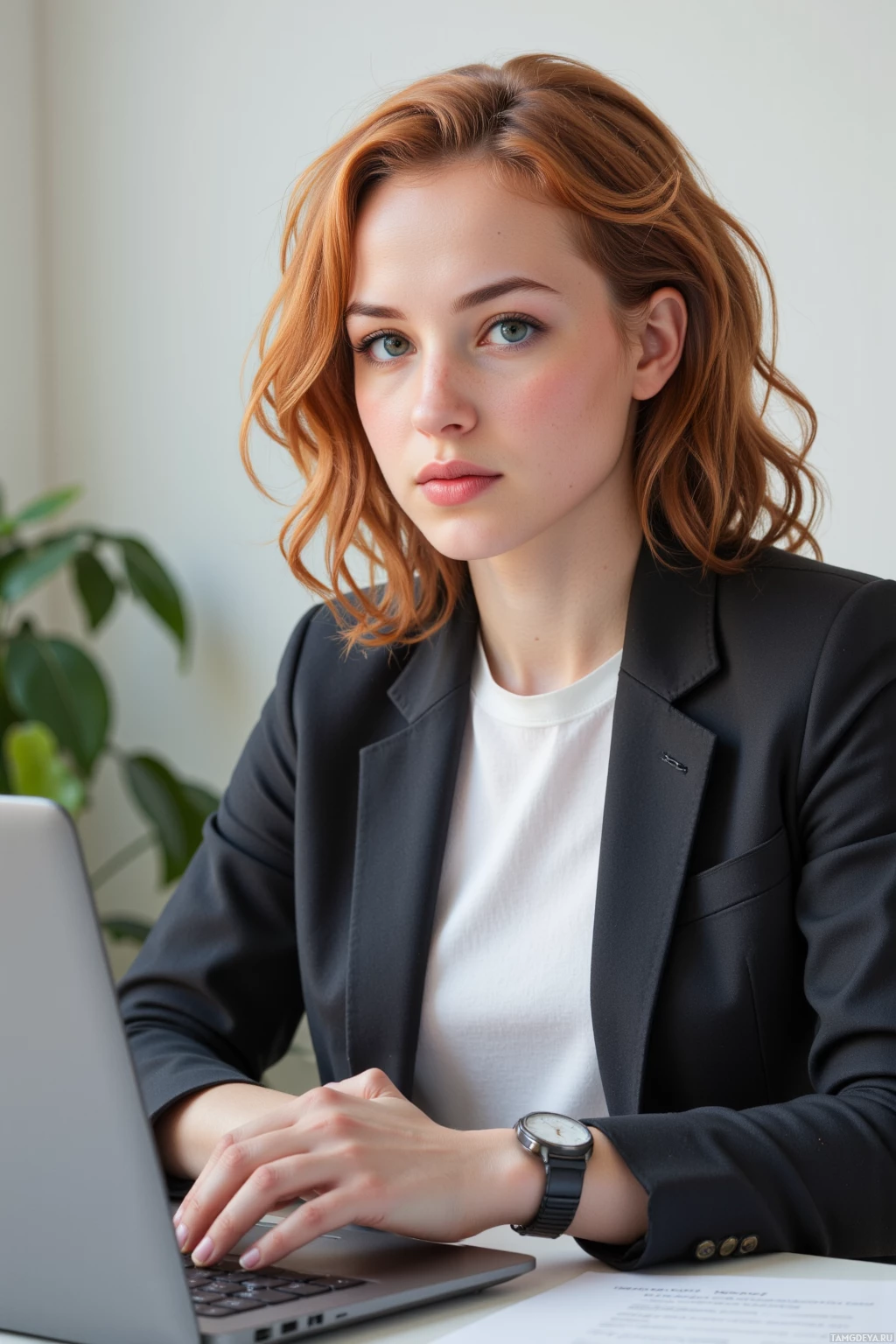A woman in a professional setting is working on a laptop.