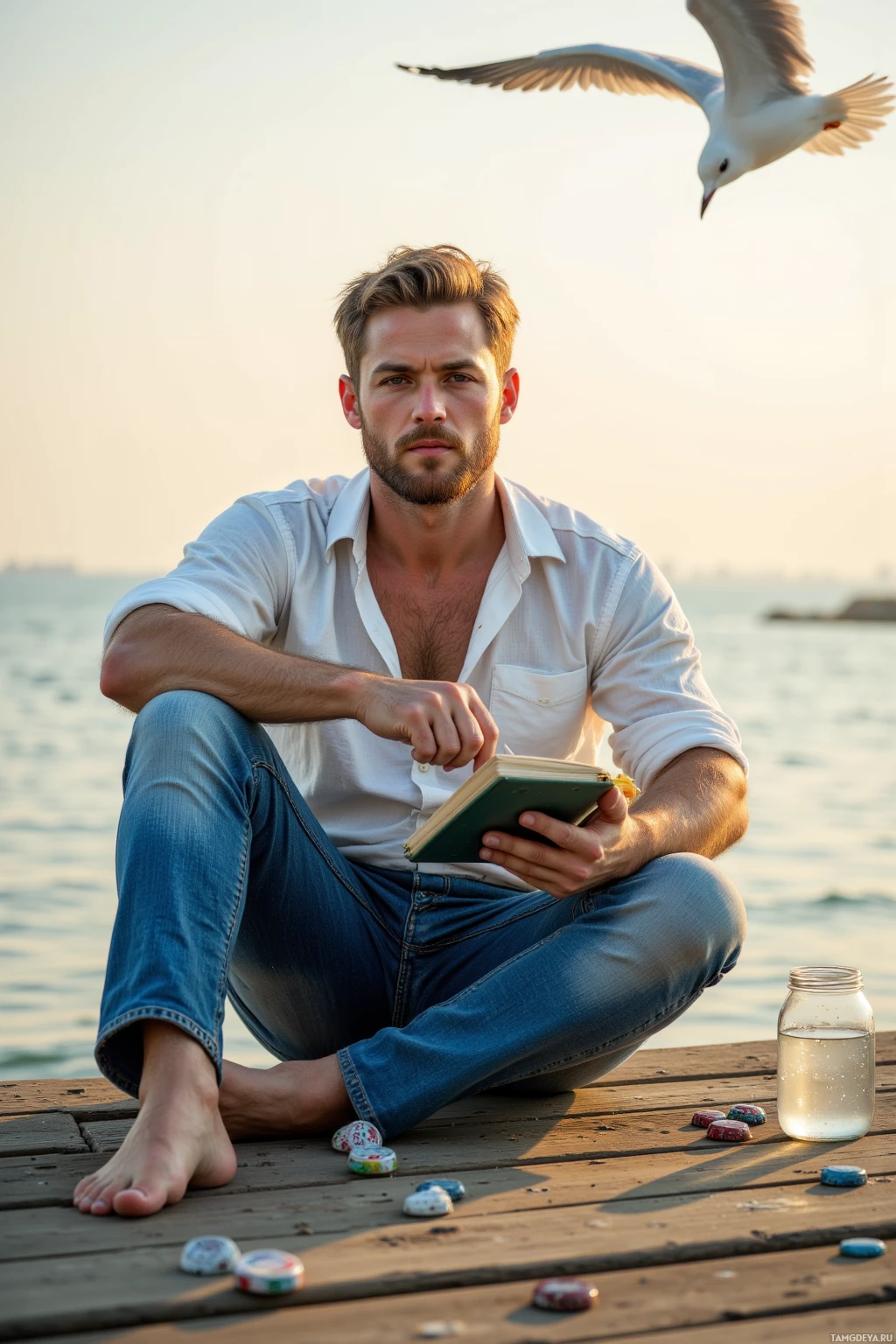 A man sits on a dock by the water, reading a book with a seagull flying overhead.