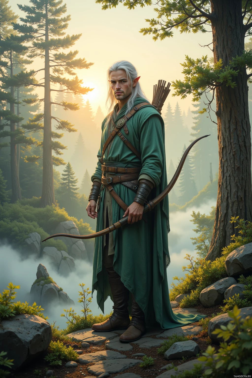 A man with white hair and pointed ears stands in a forest, holding a bow and arrow, dressed in a green robe and brown boots.