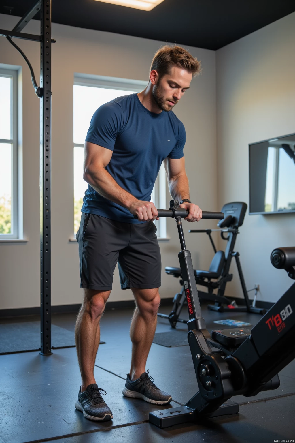 A man is using a rowing machine in a gym.