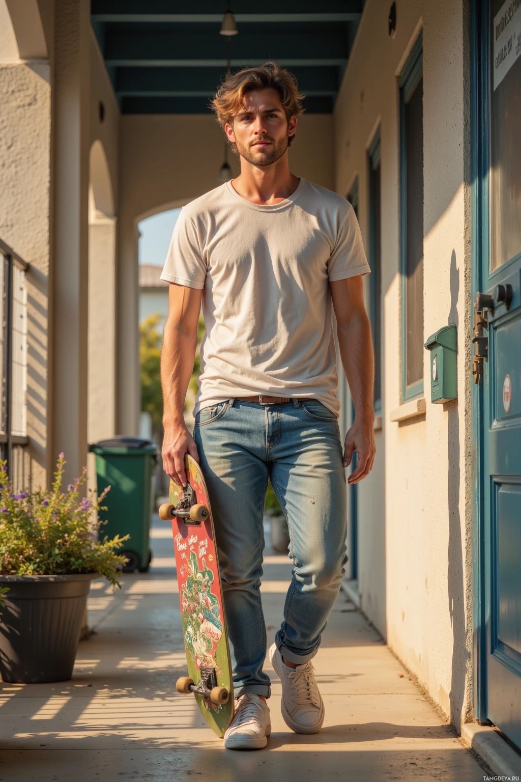 A person walks outdoors holding a skateboard, dressed in casual attire.