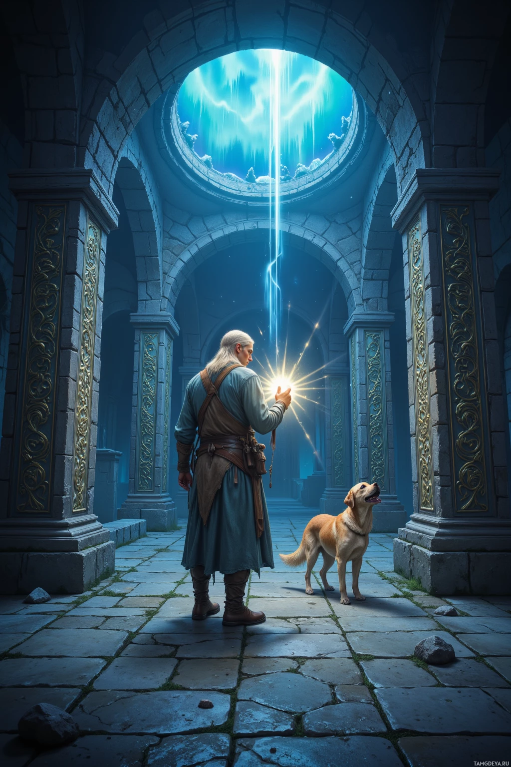 A man and a dog stand in a stone archway, illuminated by a glowing light from above.