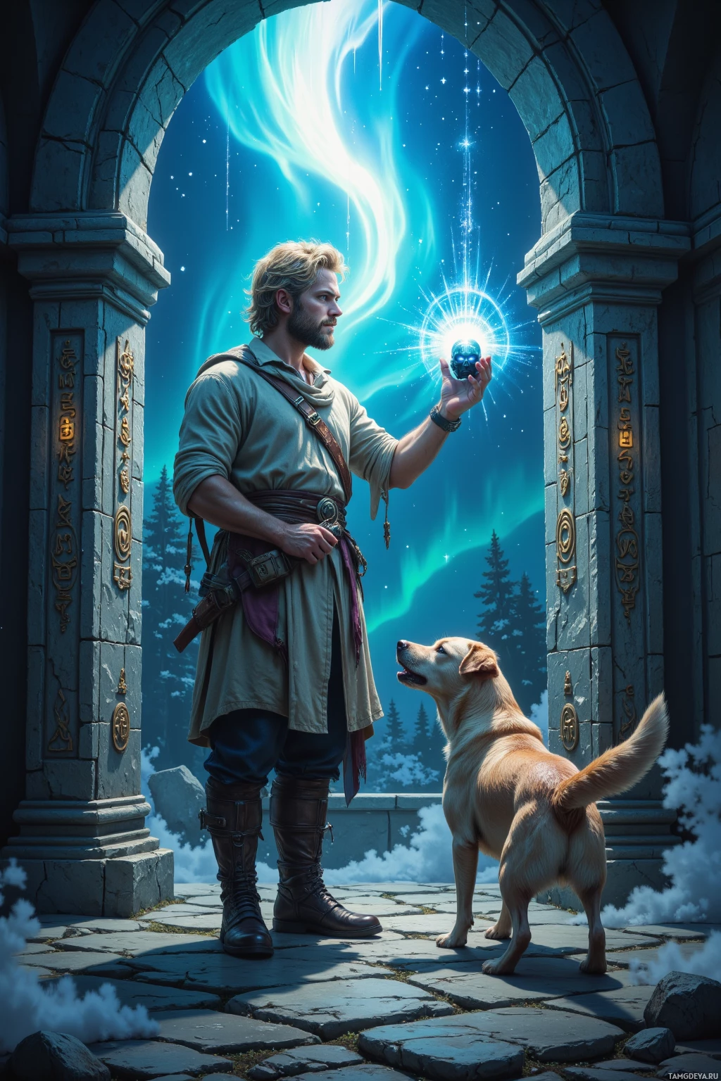 A man stands in front of an archway, holding a glowing orb, with a dog looking up at him.