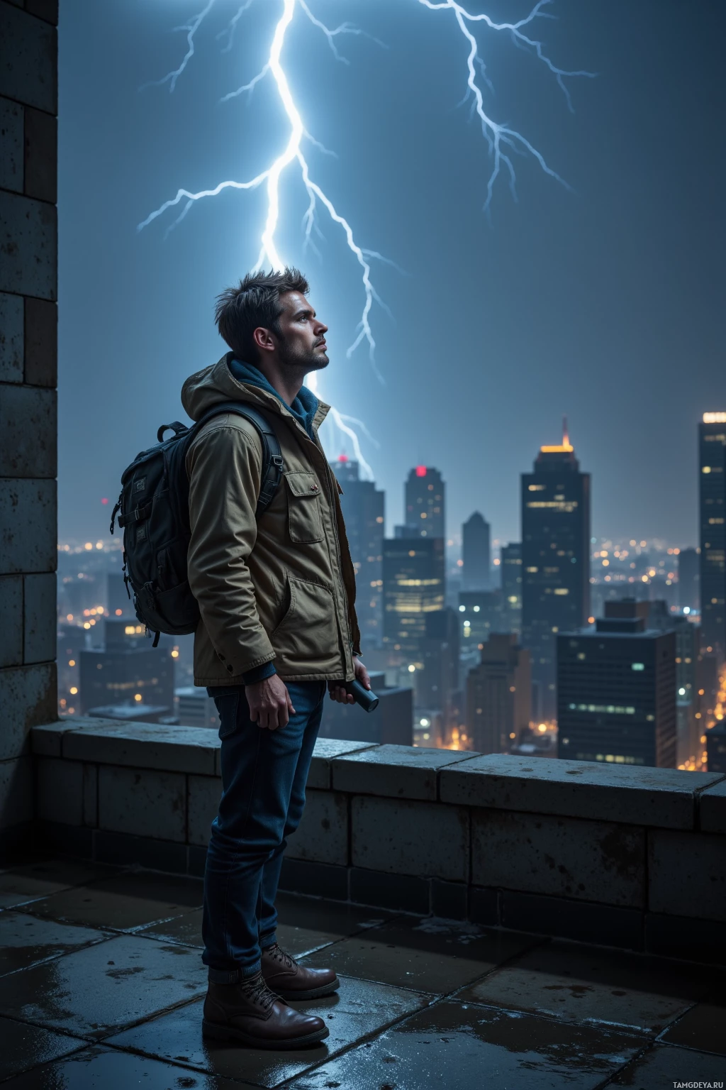 A man stands on a rooftop overlooking a cityscape under a stormy sky with lightning.