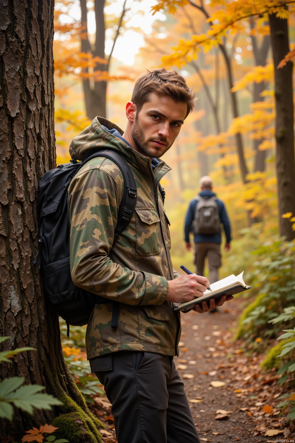 A man in a camouflage jacket leans against a tree in a forest, writing in a notebook.