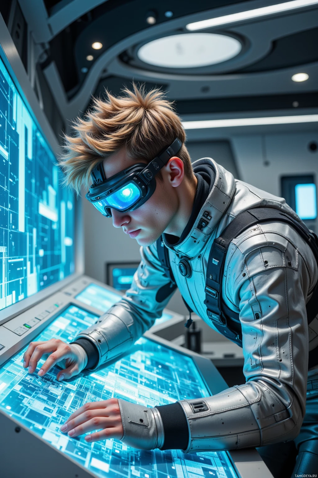A person in futuristic attire is working on a high-tech interface in a sleek, modern environment.