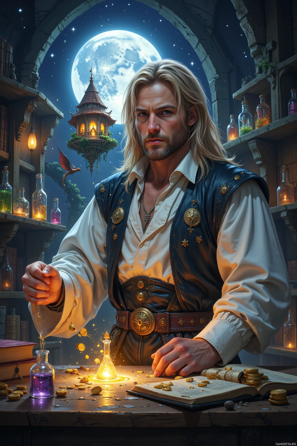 A wizard pours glowing liquid from a flask into a small bottle, surrounded by magical elements and a night sky.