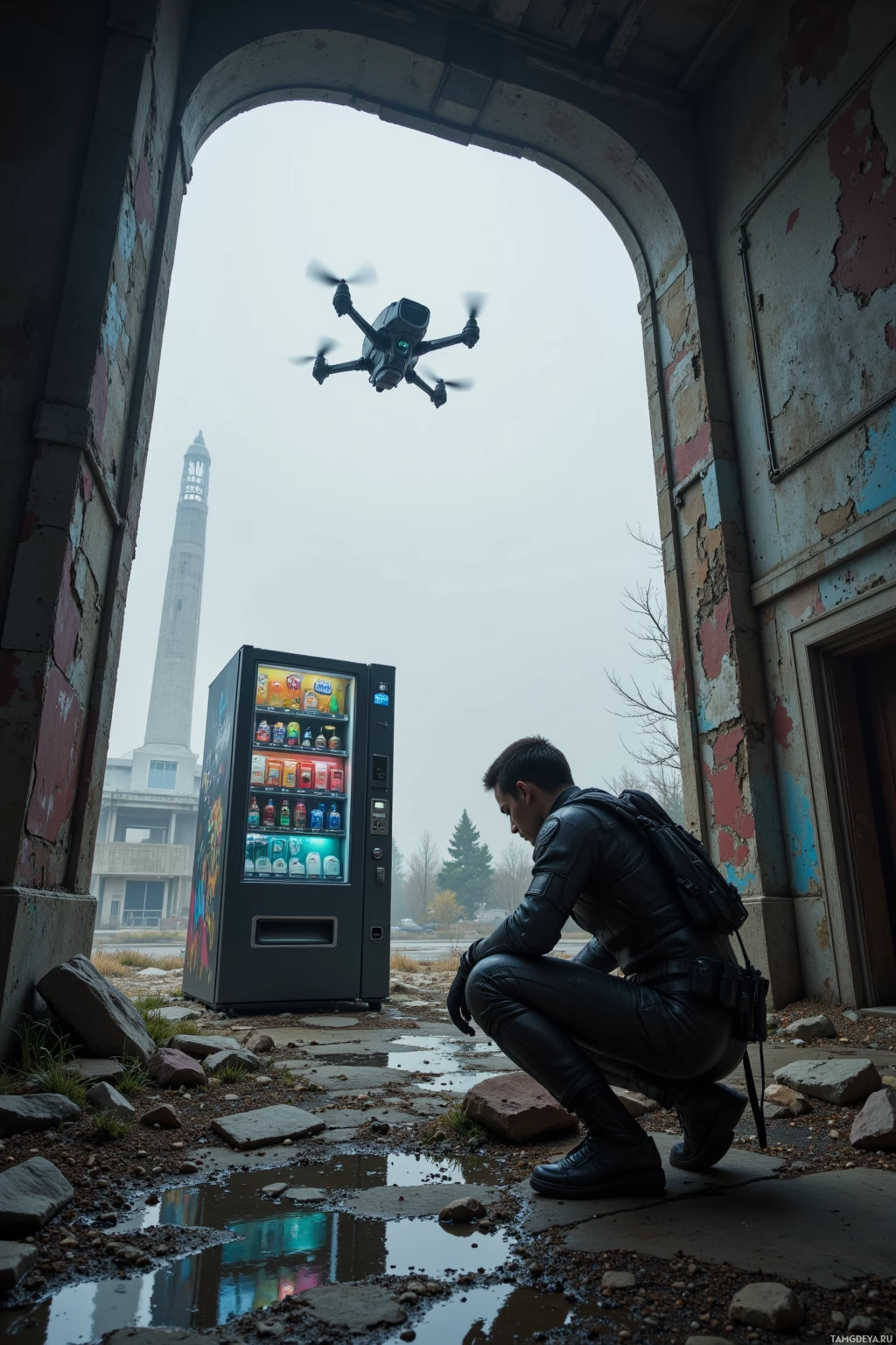 A person in a leather outfit crouches near a vending machine under an archway with a drone flying overhead.