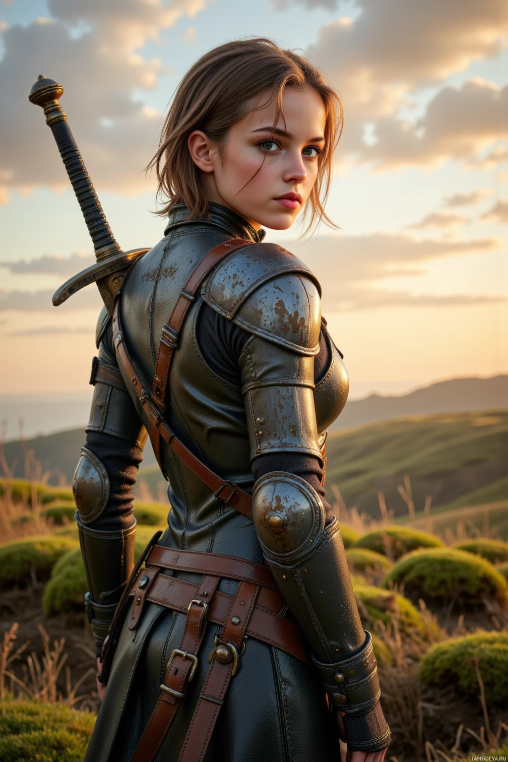 A person in medieval-style armor stands outdoors with a sword on their back, against a backdrop of hills and a sunset sky.
