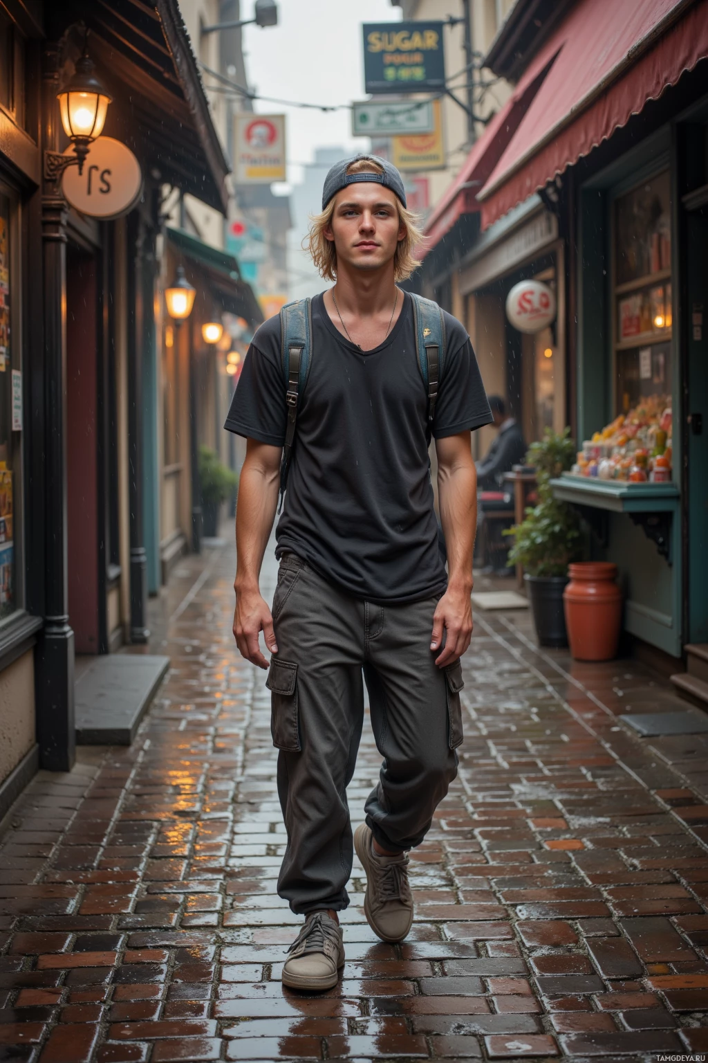 A person walks down a wet cobblestone street in an urban alleyway.
