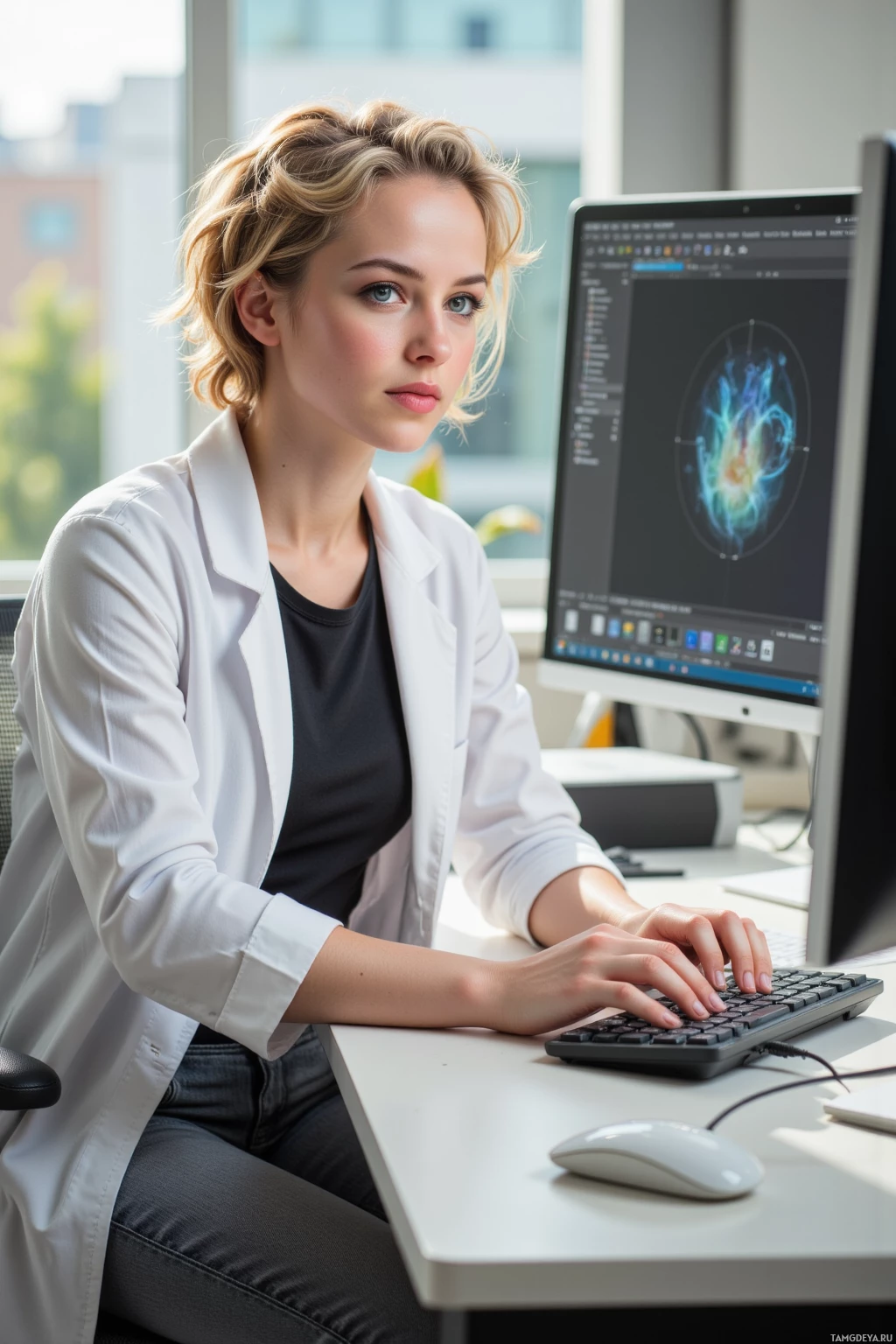 A woman in a lab coat sits at a desk, working on a computer.
